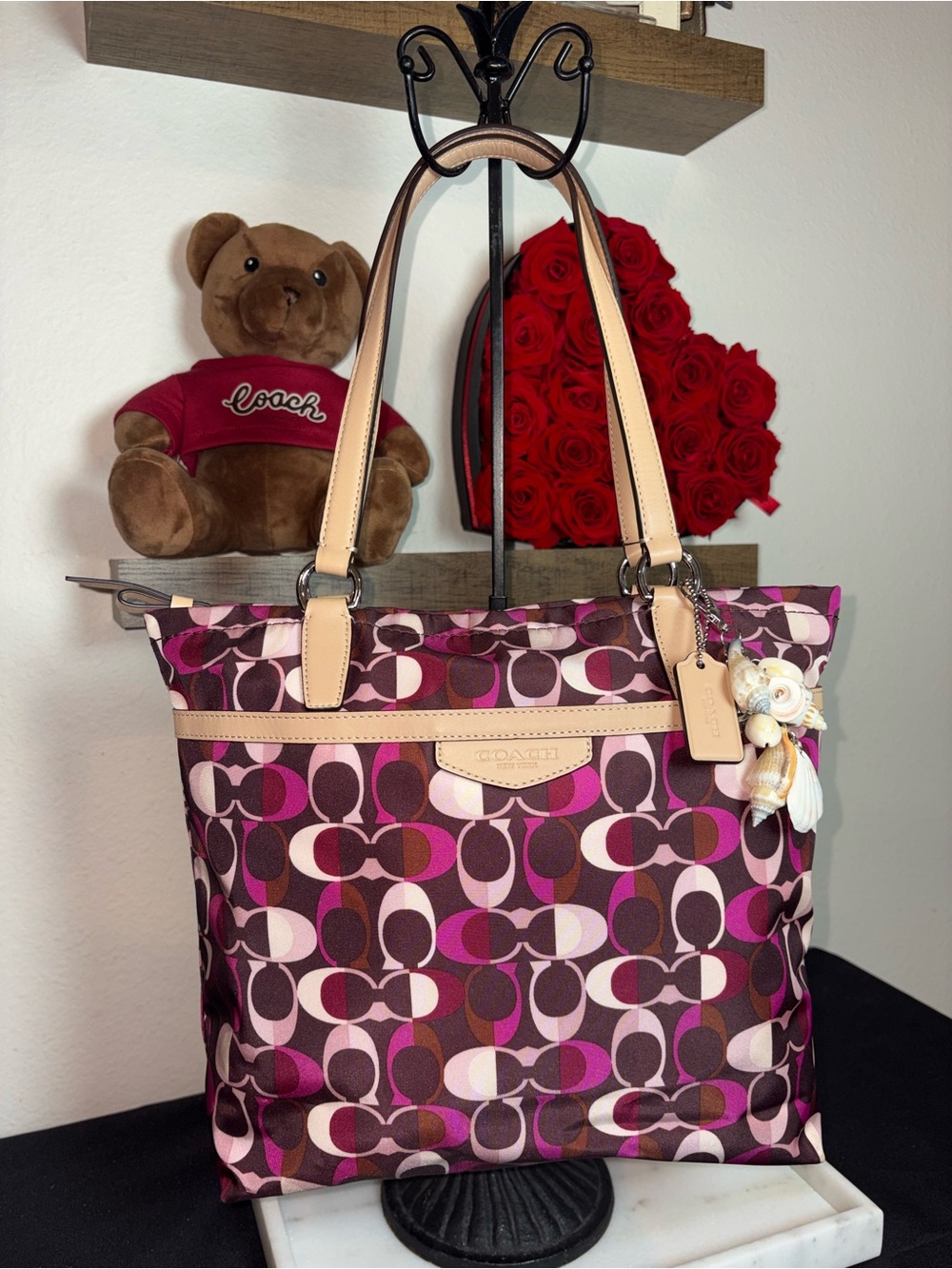 Coach Pink and Brown Signature Tote with Cream Leather Trim